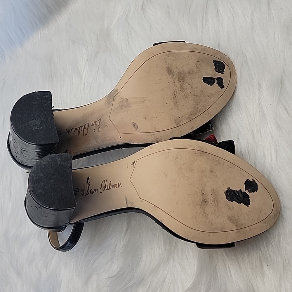 SAM EDELMAN Yaro Black Leather Red Rosette Open Toe Party Block Heel Sandals 7.5 - Picture 9 of 16